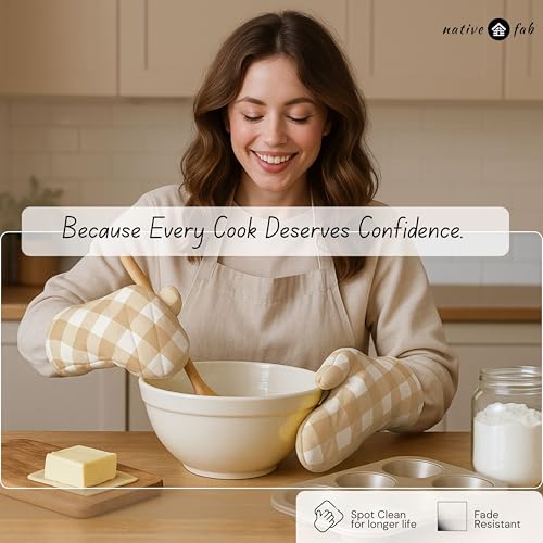 Native Fab Buffalo Plaid Check Oven Mitts and Pot Holders Set of 4, 100% Cotton Heat Resistant Kitchen Gloves, 2 Oven Mitts (7x13), 2 Pot Holders (8x8) for Cooking & Baking, Beige White - color: Buffalo, Beige