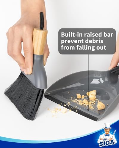 MR.SIGA Mini Dustpan and Brush Set, Bamboo Handle, Gray, 1 Set | Portable cleaning brush and dustpan combo, handheld brush and dustpan combo with hanging loop - color: Gray