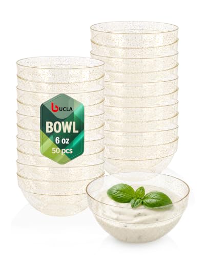bUCLA 50 Pack Plastic Prep Bowl Sets, 6oz Gold Glitter Small Pinch Bowls | Small Bowls for Salt, Spices, Chopped Ingredients, Dipping Sauces, Ice Cream Toppings, Pudding - color: Gold Glitter, size: 6oz