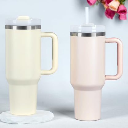 4 Pack 40 Oz Tumbler with Handle Bulk, Double Wall Vacuum Insulated Stainless Steel Tumbler with Lid and Straw, 40 oz cup with Silicone Spill Proof Stopper Set (Rose Quartz) - color: Rose Quartz