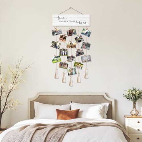 Love Makes A House Family Photo Hanging Display Board with 16 Clips, Rustic Wood Picture Collage Frame with Tassels Farmhouse Wall Decor - color: Love Makes A House