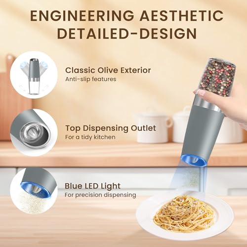 Battery Gravity Salt Pepper Grinder Set, 2 Pack (Light Grey) | Gravity Automatic Grinder With LED Light & Adjustable Roughness, Each Requires 6 AAA Batteries For Kitchen Daily Seasoning - color: Battery/Set/Light Grey