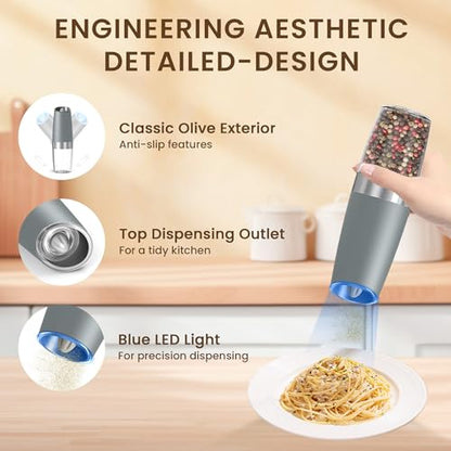 Battery Gravity Salt Pepper Grinder Set, 2 Pack (Light Grey) | Gravity Automatic Grinder With LED Light & Adjustable Roughness, Each Requires 6 AAA Batteries For Kitchen Daily Seasoning - color: Battery/Set/Light Grey
