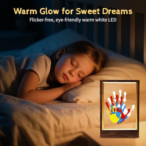 CHERRY CHEERS Family Handprint Kit with Light, Handprint Keepsake Frame, Wooden Led Light, Easy Install, No Need Screw etc, Non-Toxic Paints (Brown) - color: Brown