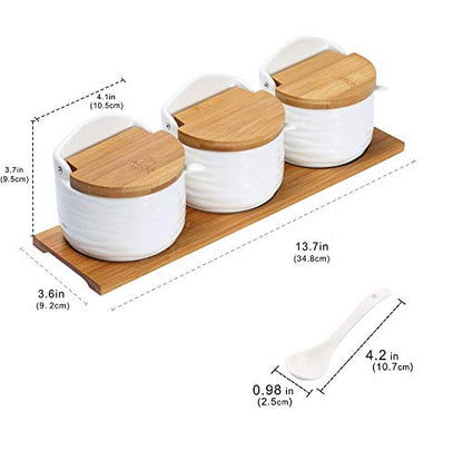 Ceramic Sugar Bowl with Bamboo Lids and Spoons Serving Tray, Porcelain Sugar Container for Sugar Tea Coffee Spice,Salt Condiment with Chalkboard Labels for Home Kitchen ,9.1 fl oz 270 ML,3PCS - color: C-001-3