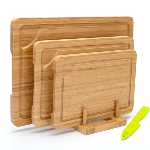 Bamboo Cutting Board Set of 3, Cutting Boards For Kitchen with Juice Groove, Bamboo Chopping Board Set, Serving Board Set for Meat, Fruit Vegetable and Cheese - color: Bamboo Set of 3