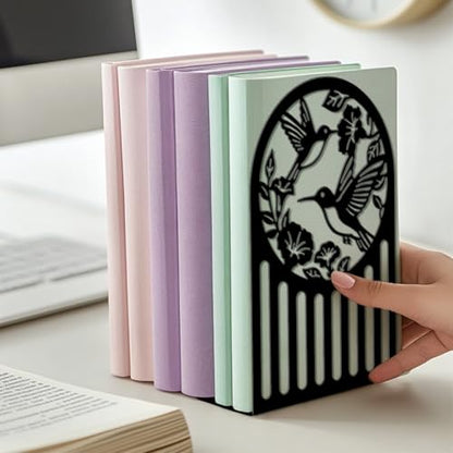 5.3"x4.3"x7.9" Metal Bookends, Heavy Duty Book Ends for Shelves | Hummingbird and Flower Theme Cast Iron Book Supports, 1 Pair Decor Stoppers for Desk, Library, Office & Home Shelves - style: Hummingbird and Flower