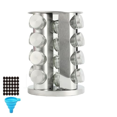 Spice rack-Revolving Spice Rack Set, Kitchen Spice Tower Organizer for Countertop or Cabinet -Desktop Rotating Seasoning Organizer(Stainless Steel) (Silver, 16-Jar) - color: Silver, size: RoundHead_16Jars