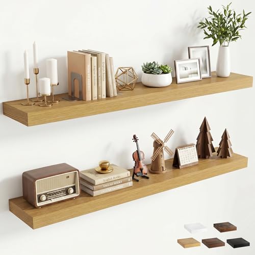 48 inchs Floating Shelves for Wall Mounted Set of 2,Rustic Wood Floating Shelf with Invisible Brackets for Small Bathroom,Bedroom,Living Room,Modern Home Decor -Oak Color - color: Oak, size: 48''W x 7.9''D x 1.5''H,Set of 2-MDF