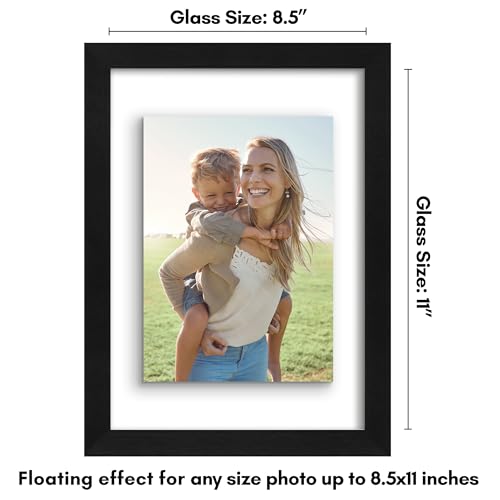 Americanflat 8.5x11 Floating Picture Frame with Polished Crystal-Clear Glass - Use as 5x7 Picture Frame or Display 4x6 Photo - Signature Float Collection - Photo Frames for Wall Display - Black