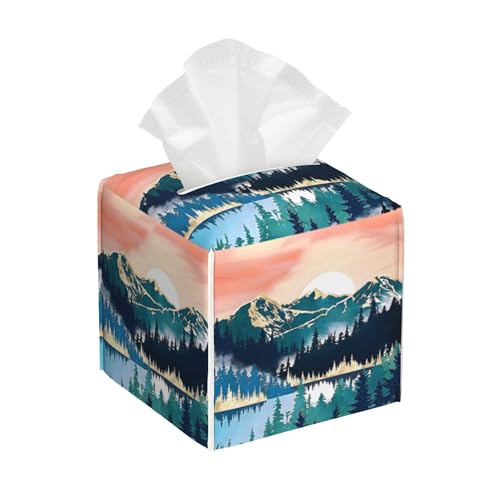 Tissue Box Cover Square,Abstract Mountains and Trees Tissue Box Holder Waterproof Leather Facial Paper Case Modern Home Decoration for Bedroom Dresser Night Stand Office Desk - color: Color13