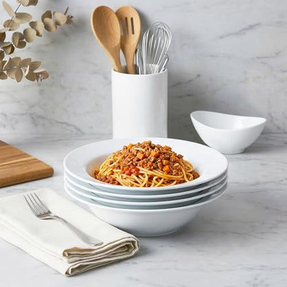 Soup and Pasta Bowls Set of 4, White Porcelain Wide Rim Salad Plates 27 oz Large Round Deep Plate 9 inch Ceramic Serving Bowl for Entree Dinner Noodle Kitchen Entertaining, Microwave & Dishwasher Safe - color: Round9.25"