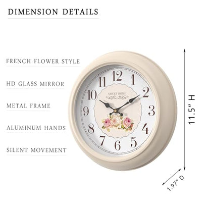 Abdurey Sweet French Decorative Wall Clock,Creamy White Rose Style | Battery Operated Silent Decor Wall Clocks for Living Room, farmhouse, Bedroom, Bathroom, Dining Room 11.5"