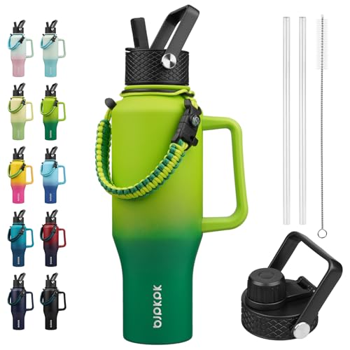 BJPKPK 35oz Insulated Water Bottle with Handle & Straw Lid, Stainless Steel | Vacuum Insulated with Straw Lid & Spout Lid, Paracord Strap, Keep Cold & Hot, Leak-Proof, BPA-Free, for Gym, Hiking, Travel - color: Bamboo Grove, style: 35oz-Side Handle