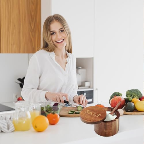 Salt Cellar, Elegant Salt and Pepper Set, 2PCS Acacia Wood Salt Container with Built-in Spoon & Swivel Lid, Engraved SALT & PEPPER Box, Salt Holder for Countertop Seasoning Storage - color: Acacia Wood SALT and PEPPER Set