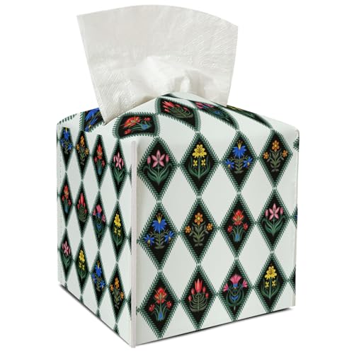 Floral Leather Tissue Holder with Bottom Belt Ideal for Women Housewarming Gift Colored Tissue Box Cover Bathroom Car Nightstand Vanity Kitchen Decor Waterproof Napkin Organizer Dispenser - FS726 - color: Green 07