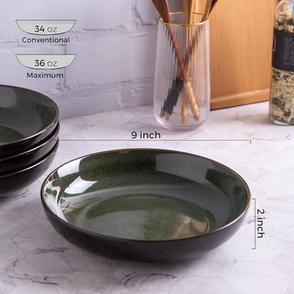 LERATIO 9.0" Ceramic Pasta Bowls Set of 6,38oz Large Stoneware Bowls Set | Reactive Glaze Serving Bowls Set,Wide Bowl for Pasta,Salad,Fruit & Noodles,Housewarming & Wedding Gift-Green - color: Green, size: Set of 6
