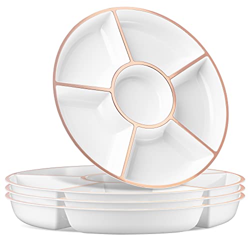 Plasticpro 6 Sectional Round Plastic Serving Tray/Platter (4, White & Rose Gold) - color: White & Rose Gold
