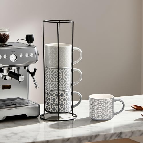 Hiceeden Set of 4 Coffee Mugs with Metal Stand, 15 oz Stackable Espresso Cups Ceramic Coffee Mugs for Cocoa, Latte, Americano, Cappuccinos or Beverages