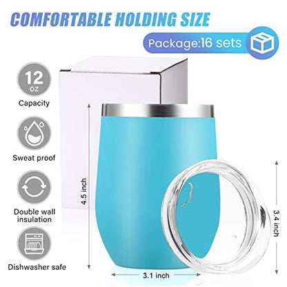 Remagr 16 Pack Stainless Steel Wine Tumblers 12 oz Insulated Vacuum Wine Cup Set Double Wall Stainless Steel Stemless Mug Glasses for Coffee Soda Whiskey Outdoor Travel (Light Blue) - color: Light Blue
