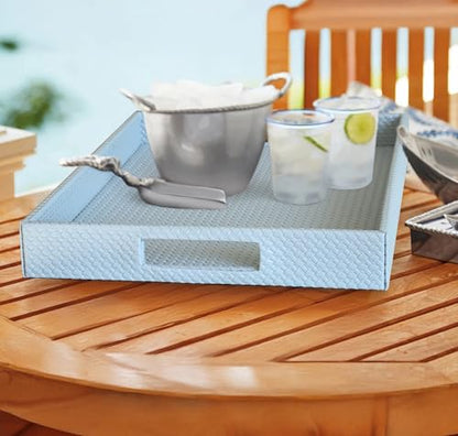 HofferRuffer Rectangle Serving Tray with Hole Handles for Coffee Table, Breakfast, Tea, Food, Butler - Countertop, Kitchen, Vanity Serve Tray, 16.2 x 12.2 x 2 inches, Faux Leather (LightBlue) - color: Lightblue