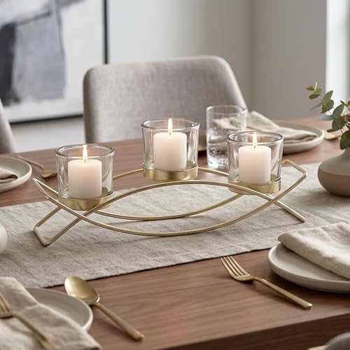 Iron Arch Table Centerpiece Decorations Long Candle Holder for Weddings, Patio, Kitchen, Dining Room, and Coffee Tables, Gold, Clear Chunky 3 Cups | Votive Candle Holders, Wrought Iron 3 Cup Candelabra, Long Modern Coffee Console Table, Clear Glass Cups,