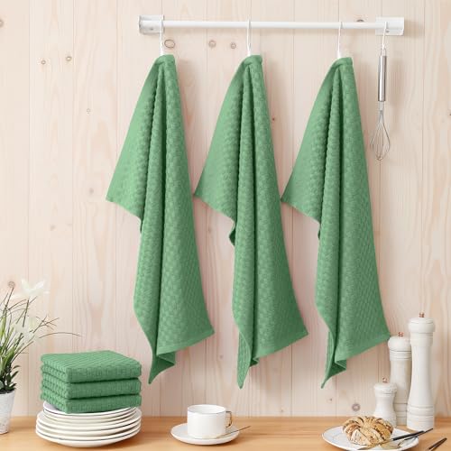 Homaxy 100% Cotton Terry Kitchen Towels(15" x 25", 6 Pack), Grass Green | Soft and Super Absorbent Dish Towels, 380 GSM Reusable Tea Towel with Hanging Loop, Pineapple Grid Designed - color: Grass Green, size: 15 x 25 - 6 Pack