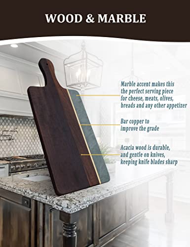 Cutting Board with Marble and Wood, 16.5”X 7” Cheese Board with Handle,Serving board for Bread, Cheese, Meat, Fruits, and Vegetables, Charcuterie Boards for Kitchen as Serving Trays