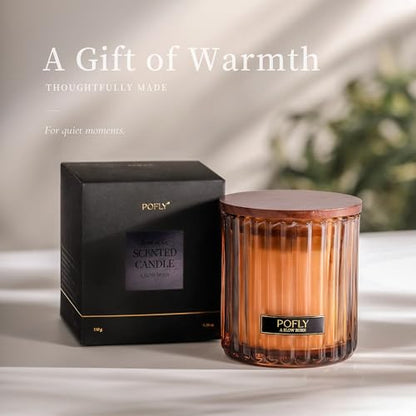 Roasted Coffee Scented Candle, 5.29 oz Soy Wax Blend for Home | Rich Roasted Coffee scent in hand-poured soy wax blend, ribbed amber glass, solid wood lid and metal plaque for home decor