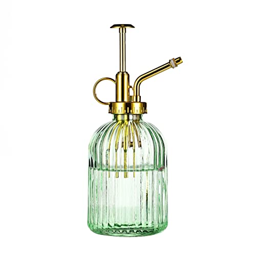 Glass Plant Mister Spray Bottle, 7.5" Green Glass Water Spray Bottle with Gold Top Pump Small Watering Can, Small Plant Sprayer Mister for Indoor Outdoor House,(Green+Gold E) - style: Green+Gold E