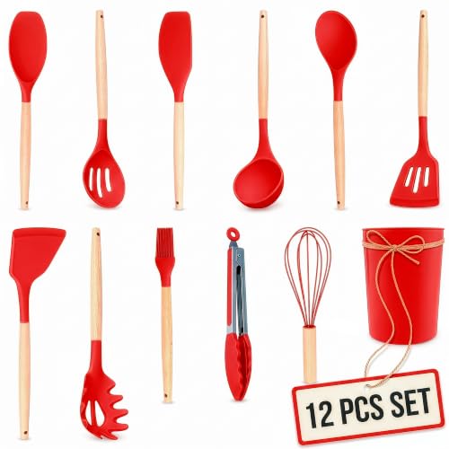 12 Pcs Red Kitchen Accessories with Holder for Nonstick Cookware | Silicone Cooking Utensils Set for BBQ; Heat-Resistant Tools with Wooden Handles for Baking, Serving, Frying, and Mixing - color: Red