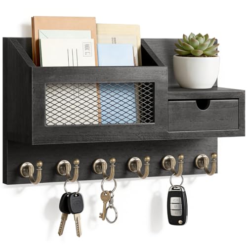 FifthQuarter Key Hooks for Wall with Drawer and 6 Sturdy Key Hooks, B-Black | Cute Rustic Farmhouse Wooden Key Holder, Reliable Front Door Organizer for Keys and Daily Essential, Easy Installation - color: B-Black