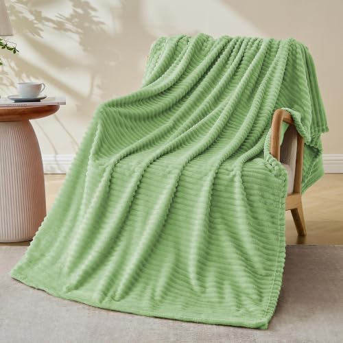 Bnuitland Light Green Flannel Throw Blanket, 300GSM Super Soft Fleece Stripe Pattern Sofa Blanket for Babys and Kids, Lightweight Cozy Bed Throw for Home Decor All Season - color: Light Green, size: 50x40 Inch (Only Blanket)