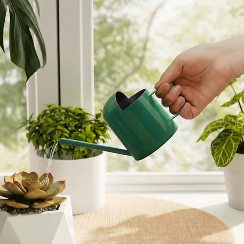 Bamworld Small Watering Can Indoor Outdoor Plant Metal Stainless Steel Long Spoutt Flowers Watering Cans for House Garden Plants 10OZ Watering Bottle Cute Stylish Gardening Decoration(Deep Green) - color: Deep Green