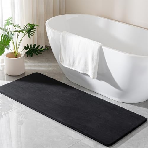 Black Memory Foam Bath Mat Long 24x60 Bathroom Runner Rug Non Slip Washable | Soft Absorbent Microfiber Bathroom Carpet Thin Bathrug - color: Black, size: 24" x 60" (Runner)