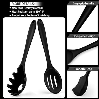 P&P CHEF Black Kitchen Utensils, Silicone Cooking Utensil Set of 7 | Soft Spatula for Nonstick Cookware, Slotted Turner, Soup Ladle, Pasta Server, Spoon for Cooking, Dishwasher Safe & Heat Proof - color: Black