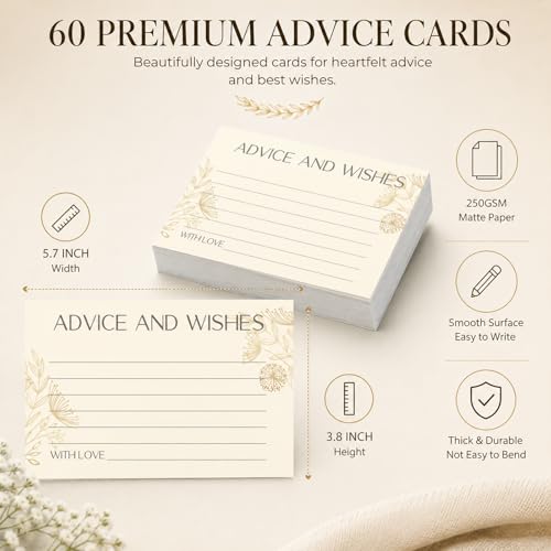 Champagne Gold Advice and Wishes Cards Set with Wooden Keepsake Box & Sign - 60 Elegant Dandelion Floral Guest Book Alternative for Wedding Reception & Bridal Shower - color: CHAMPAGNE
