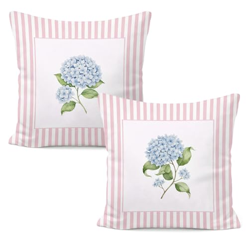 Blue Hydrangea Floral Pillow Covers 18x18, Blue Hydrangea Decor, Cottagecore Pink Striped Botanical Flower Decorative Throw Pillow Covers for Home Bedroom Living Room, Set of 2 - color: White-blue Hydrangea