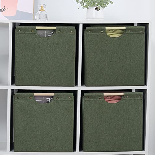 HOONEX Large Collapsible Storage Bins, Linen Fabric, Pack of 2, Storage Baskets with Wooden Carry Handles and Sturdy Heavy Cardboard, for Home, Office, Car, Nursery, Olive - color: Olive
