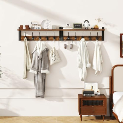 47.2" Coat Rack Wall Mount with Shelf and 10 Hooks, Rustic Brown UHWS004H-2 | 2 Pack Coat Hooks Wall Mount, Wood Wall Mounted Coat Rack with Hooks, Coat Hanger Wall Mount, Wall Hooks for Hanging - color: Rustic Brown