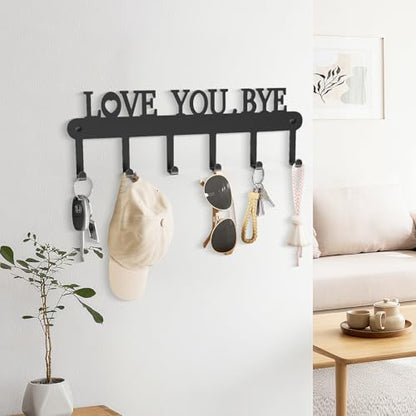 Key Holder for Wall - 'Love You Bye' Key Hooks, Black, 6 Hooks | Key Holder Wall Mount Self Adhesive, Key Rack Wall Mount for Wall No Drill for Living Room, Kitchen, Bathroom, Garage - color: Love You Bye' Black