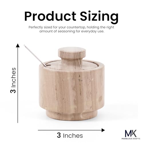 Marble Salt Cellar with Lid & Spoon 3" Brown Small Flaky Salt Box and Sugar Jar for Spice Storage on Countertop, Kitchen Seasoning Container - color: Natural Brown