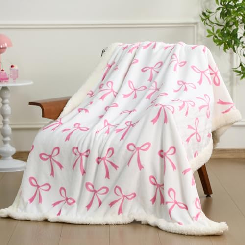 Tegeme Pink Bow Throw Blanket Sherpa Fleece Preppy Coquette Flannel Bow Blanket for Teen Girls Room Back to School Gift White Plush 50" x 60" Aesthetic Soft Bedding for College Dorm Bed Sofa Couch - color: Pink