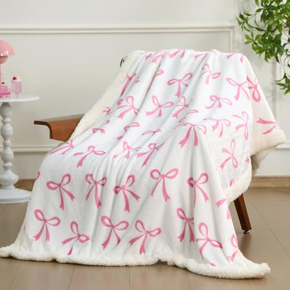 Tegeme Pink Bow Throw Blanket Sherpa Fleece Preppy Coquette Flannel Bow Blanket for Teen Girls Room Back to School Gift White Plush 50" x 60" Aesthetic Soft Bedding for College Dorm Bed Sofa Couch - color: Pink