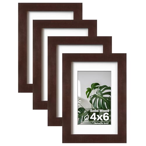 Egofine 4x6 Picture Frames with Plexiglass, Display Pictures 3x4.5 and 3.5x5 with Mat or 4x6 Without Mat Set of 4 for Tabletop and Wall Mounting, Walnut Color - color: Walnut Brown, size: 4x6