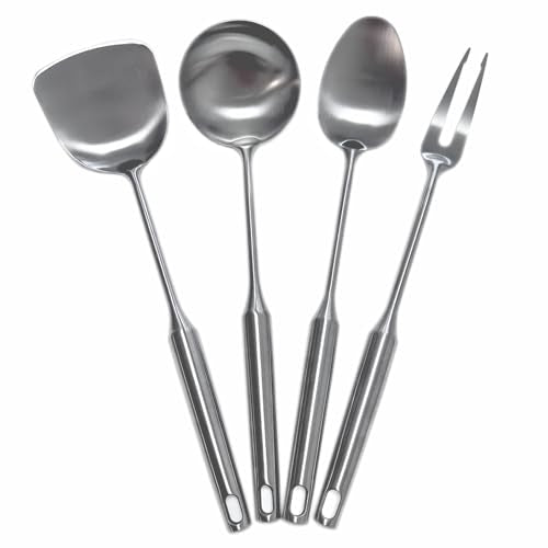 304 Stainless Steel Cooking Utensils Set 4 Piece 15 Inch Large Size Metal Kitchen Utensils Set Including Spatula,Ladle,Serving Spoon,Meat Fork,Stainless Steel Cooking Tools - size: 4 Piece utensils(spoon and fork set)