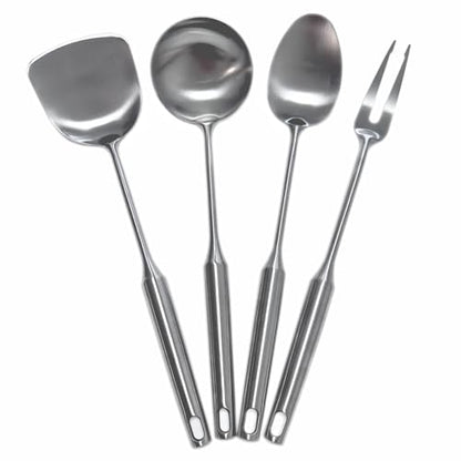304 Stainless Steel Cooking Utensils Set 4 Piece 15 Inch Large Size Metal Kitchen Utensils Set Including Spatula,Ladle,Serving Spoon,Meat Fork,Stainless Steel Cooking Tools - size: 4 Piece utensils(spoon and fork set)