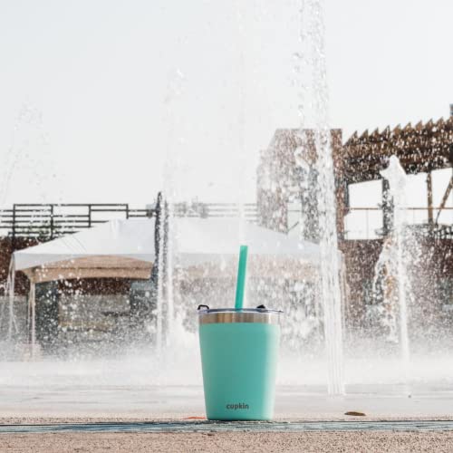 CUPKIN Toddler Cups with Straws, The Original 8 oz Stackable Stainless Steel Baby Straw Cup, Set of 2 Kids Cups, Powder Coated Insulated Kids Tumblers, No BPA Lids + Silicone Straws (Blue + Green) - color: Blue + Green, size: 8 Fl Oz (Pack of 2)