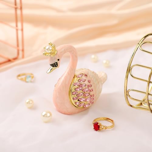 QIFU Hand Painted Pink Swan Style Enamel Trinket Box Hinged, Eleagnt Small Jewelry Box to Store Jewelry in Style - style: Swan