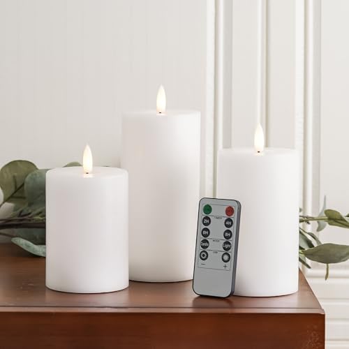 Stmarry White Flameless Candles with Remote and Timer, Real Wax Made LED Pillar Candles Battery Operated with 3D Flickering Flame - 3" x 4",5",6" - Set of 3 - color: White